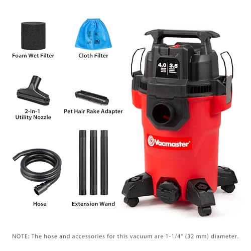 Vacmaster VCM408PF 4-Gallon Wet Dry Vac with 3.5 Peak HP, Red