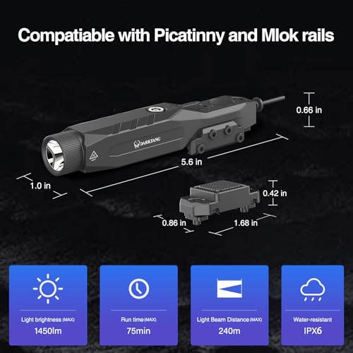 DARKFANG Mlok and Picatinny Tactical Flashlight, 1450 Lumen Low Profile Rifle Light with Remote Switch