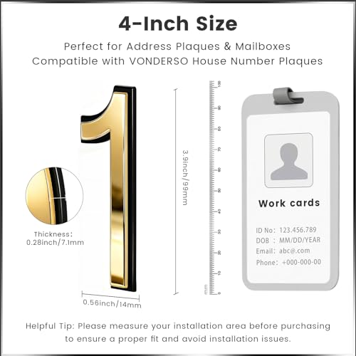VONDERSO 4 Inch Gold House Numbers Self-Adhesive House Plaque Number 1