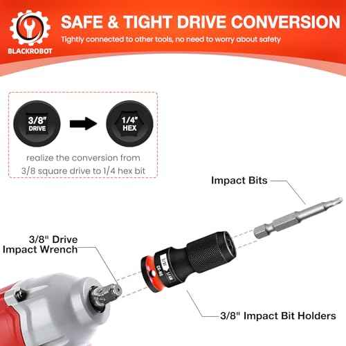 BLACKROBOT Quick Release Impact Bit Holders 3/8-Inch Square Drive to 1/4-Inch Hex Socket Adapter, CR-MO Steel, Red
