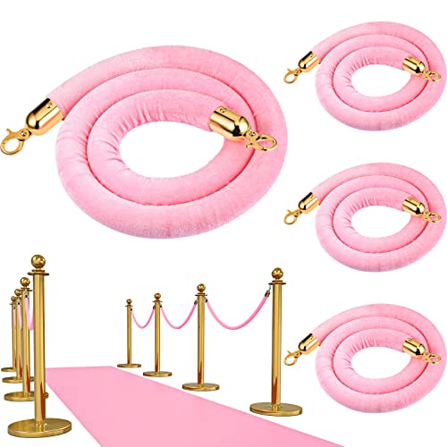 Riakrum 4 Pieces Pink Velvet Stanchion Rope 5 Feet Velvet Ropes with Gold Clasps for Party Hotels Wedding Movie Theaters Grand Openings Crowd Control Barrier Supplies