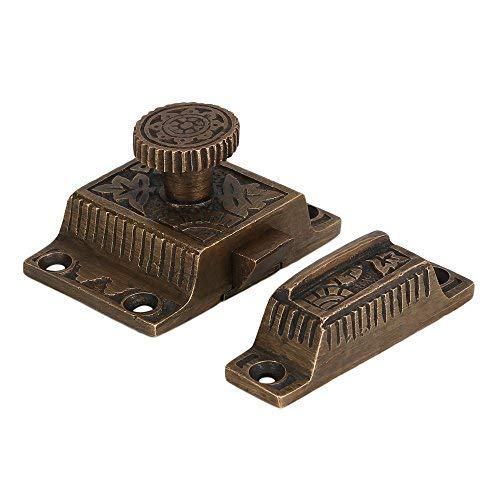 A29 Solid Brass Cabinet Latch, Latch with Flower Knob for Cabinet Closet Kitchen Door Drawer Lock, Handmade Weathered Bronze Finish, Antique Latch