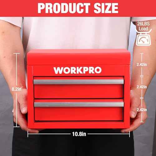 WORKPRO Metal Mini Tool Box, Top Tool Chest containing Two Drawers with Ball Bearing Slides, PVC Drawer Liners and PP Feet Pads, Durable Cold Rolled Steel Small Toolbox for Multi-Purpose Storage