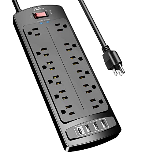 Alestor 6 Ft Black Surge Protector Power Strip with 12 Outlets & 4 USB Ports