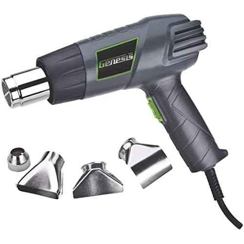Genesis GHG1500A Dual Temperature Heat Gun Kit With Fast Heat High And Low Settings 572F/1000F, Air Reduction Nozzle, Reflector Nozzle, And Two Deflector Nozzles with 2 Year Warranty