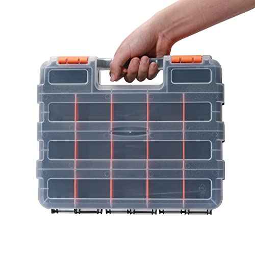 EMENTOL 2PCS Double Side Tool Organizer with Impact Resistant Polymer and Customizable Removable Plastic Dividers, Hardware Box Storage, Excellent for Screws, Nuts, 34-Compartment, Black/Orange