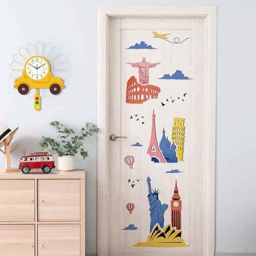 Yovkky World Famous Landmarks Buildings Wall Decals Stickers, Globe Travel Statue of Liberty Architecture Home Bedroom Decor, Airplane Hot Balloon Cloud Tourist Living Room Kitchen Decorations Art