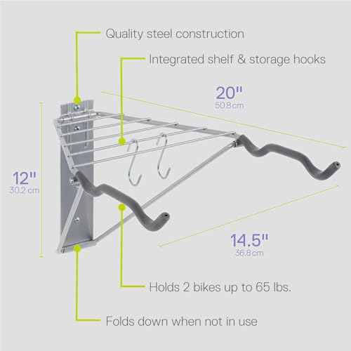 Delta Cycle 2 Bike Rack Garage - Foldable Bicycle Wall Mount Hanger with Storage Shelf Holds Up to 65 lbs - Horizontal Wall Bike Rack for Road, MTB, and Hybrid Bicycles