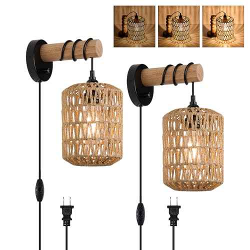 Rattan Plug in Wall Sconce Bedroom Sconces Set of 2 Boho Dimmable Wall Lamp with Plug in Cord Hanging Wall Lights for Living Room