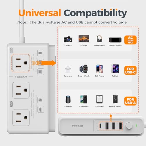 TESSAN White 220V to 110V Travel Voltage Converter & Universal Adapter