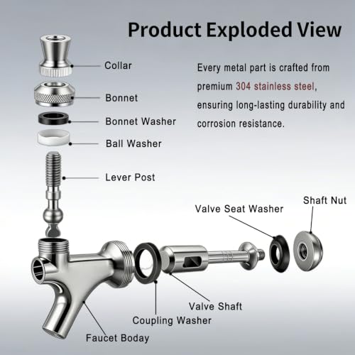 Reyroltay 304 Stainless Steel Beer Tap Kit with Handle, Spout Cover & Cleaning Brush - Variation 1