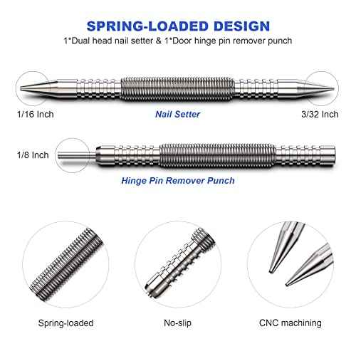 Spring Loaded Nail Set Tools,2-PCS Dual Head Nail Setter and Hinge Pin Punch Set, Hammerless 1/16¡È& 3/32¡ÈSpring Nail Set, Super Strong Force Door Pin Removal Tool