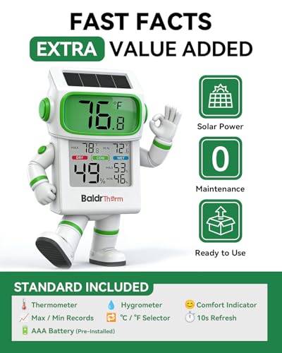 BALDR Solar Indoor Thermometer Hygrometer White 1 Pack (Max/Min, 3.2" Display)