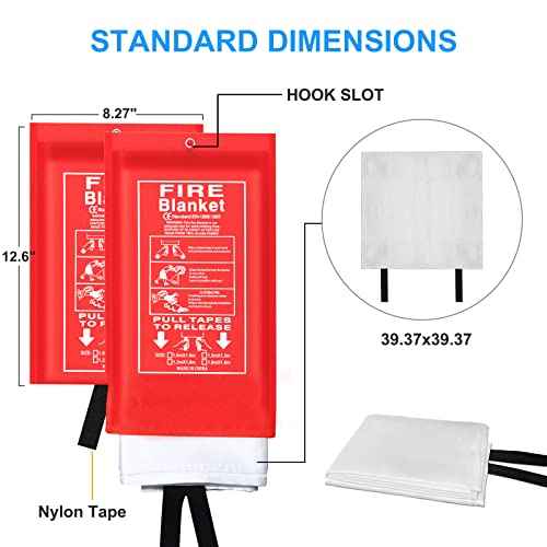 Emergency Fire Blanket for Kitchen and Home, 2 Pack 39.37¡± x 39.37¡± Fiberglass Fire Safety Blankets for Survival, Suppression Fire Retardant Blanket for People