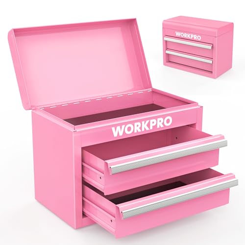 WORKPRO Mini Metal Tool Box with 2 Drawers and Top Storage, Small Tool Chest with PVC Liners and PP Feet Pads, Cold Rolled Steel Toolbox with Magnetic Tab - Pink Ribbon