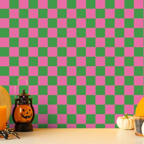 Pink Green Checkered Peel and Stick Wallpaper 70s Retro Funky Checkered Contact Paper Geometric Waterproof Wallpaper Neutral Checkerboard Decor for Bathroom Cabinet(9.8' x 15.75'')