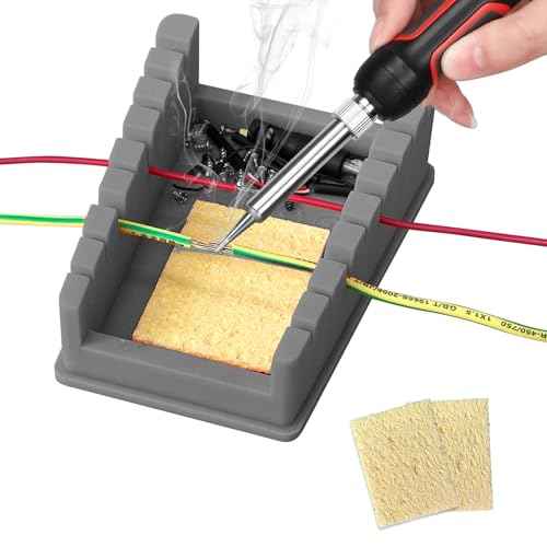 Upgraded Silicone Soldering Stand, Helping Hands Soldering Station, Soldering Wire Holder with 8 Slots Third Hand Soldering Iron Stand for 32AWG to 12AWG Wires 1 Pcs Gray with 2 Pcs Solder Sponge