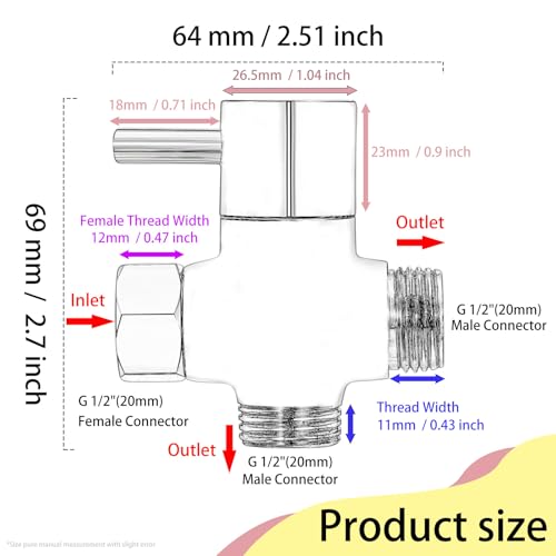 Mathtoxyz Chrome Finish G1/2" 3-Way Shower Diverter Valve for Handheld & Fixed Showerheads