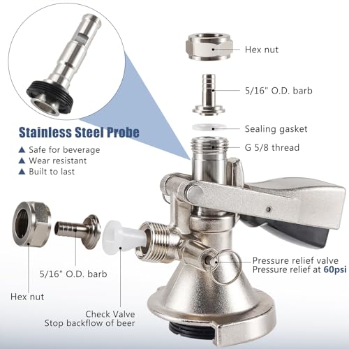 Hilangan A-Type German Slider Keg Coupler with SS304 Probe, Brass Body, 60psi Relief