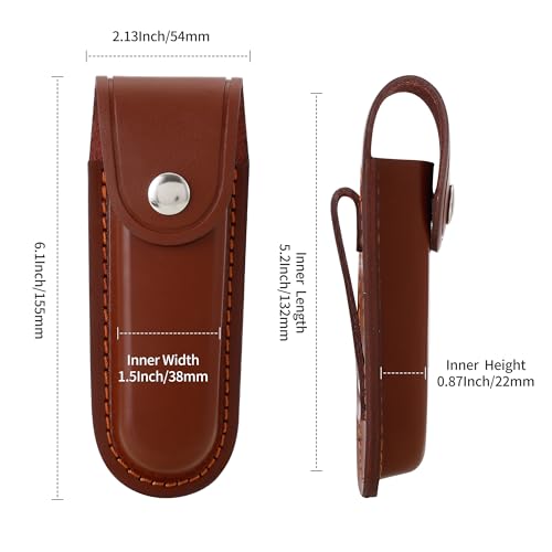 Leather Pocket Knife Sheath, 5" Folding Knife Case, Durable Multitool Holster with Snap Closure and Belt Loop, EDC Knife Pouch for Multitools, Pocket Knives, and Outdoor Activities, Brown