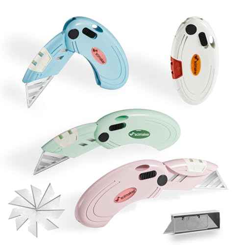 4 Pack Folding Utility Knife with 10 Extra Blades,Box Cutters with Button Lock Mechanism,Razor Knife for Home,Office and Warehouse,4 Colors.