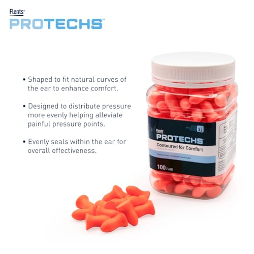 Flents Protechs Foam Ear Plugs, Contoured for Comfort, Ideal for Work with Loud Noise, Heavy Machinery, Construction, Studying & Traveling, NRR 32, Orange, Easy to Use, Made in The USA, 100 Pair