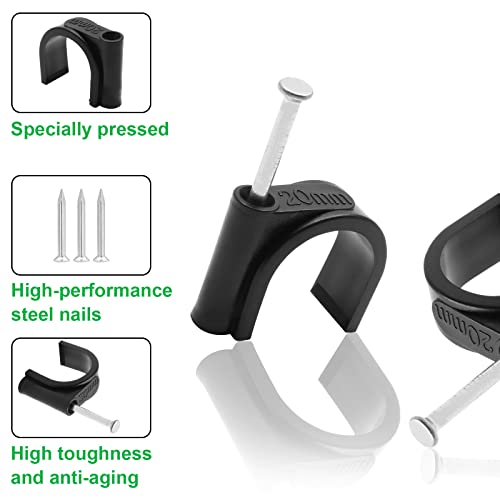 50pcs 3/4" / 20mm Half Clamp J-Hook with Nail, Nail in Cable Clips Ethernet Cable Nails Tacks Clips, Black