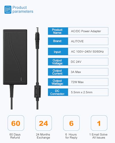 ALITOVE 24V 3A 72W Power Supply for LED Strip & CCTV - 7.5FT Version