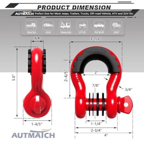 AUTMATCH 3/4" Red D Ring Shackles 2-Pack Heavy Duty Tow Hooks 41,887 lbs