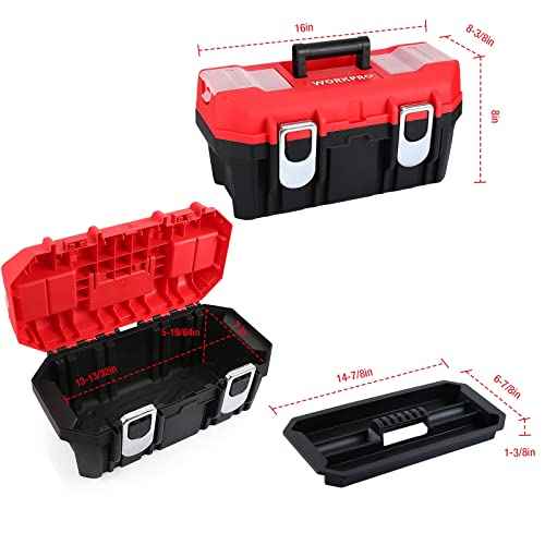 WORKPRO Tool Box Portable 16" with Removable Tray Heavy Duty Toolbox with 2 Metal Latches, Rated up to 33 Lbs, PP Plastic Small Tool Boxes with Lock Secured, Small Parts Organizer in Lid, black & red