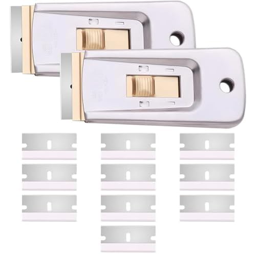 Razor Blade Scraper Tool, Retractable Glass Scraper for Cleaning, Metal Paint Scraper Tool with 10 Extra Blades, Car Cleaning Tools for Window, Sticker, Decal, Glue, Label, Paint (2PCS)