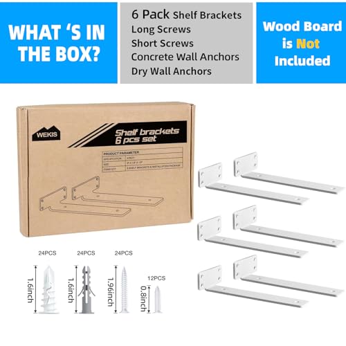 WEKIS 6 Inch Floating Shelf Brackets White - Heavy Duty Metal Support 6 Pack