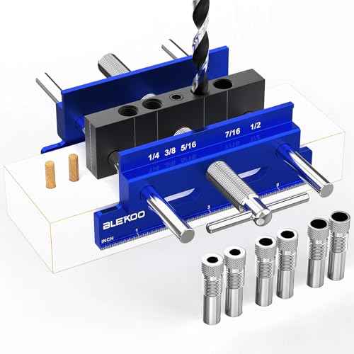 Upgraded 6.7 inch Self Centering Doweling Jig Kit (Blue), Drill Jig For Straight Holes Biscuit Joiner Set With 6 Drill Guide Bushings, Adjustable Width Drilling Guide Power Tool Accessory Jigs