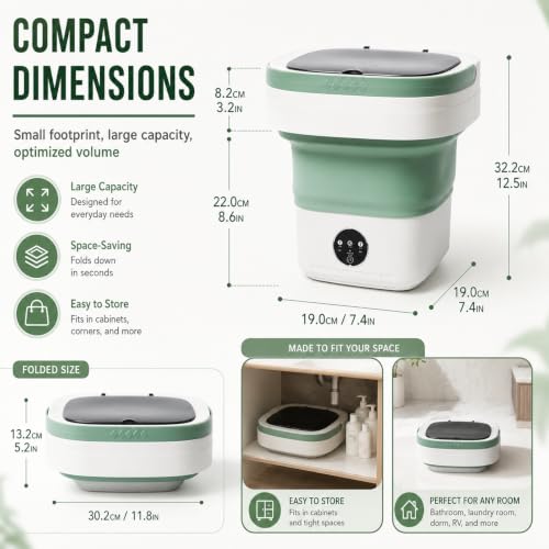 Green Mini Portable Foldable Washing Machine 16L with Spin Dryer for Travel & Baby Clothes