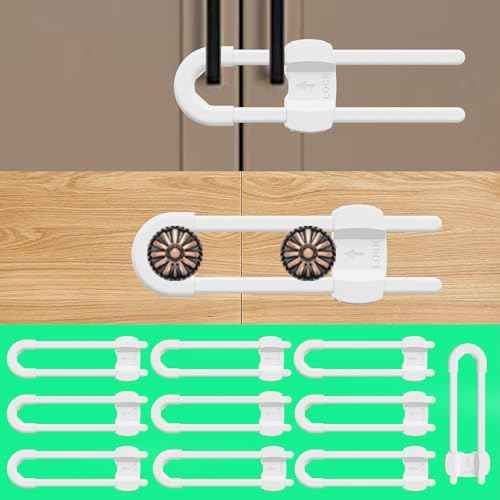 (10 pack white) 4 button Cabinet Locks, U-Shaped Proofing Drawers Safety Child Locks Adjustable, for Wardrobe,Kitchen,Bathroom,Drawer,Fridge,Cupboard Doors Knobs & Handles