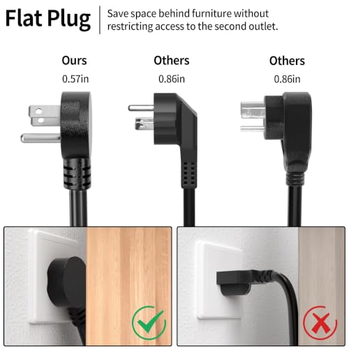 Vockjour Black 1FT 3-Pack Low Profile Flat Extension Cords, 14AWG Heavy Duty