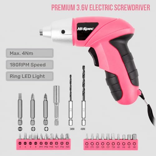 Hi-Spec Pink Mini Electric Screwdriver - Rechargeable Cordless Power Tool with 26 Bits for Home & DIY