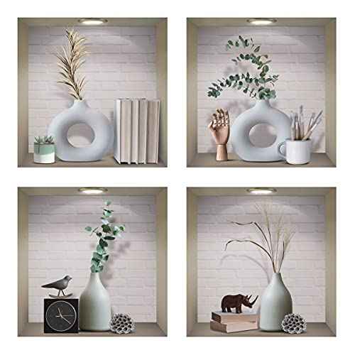 IARTTOP 3D Vase Art Magic Wall Decal, Elegant White Vases Wall Sticker, Vintage Green Plants Decals for Dining Room Bedroom, Creative DIY Botanical Living Room Wall Art Mural, Set of 4 (12¡±x12¡±)