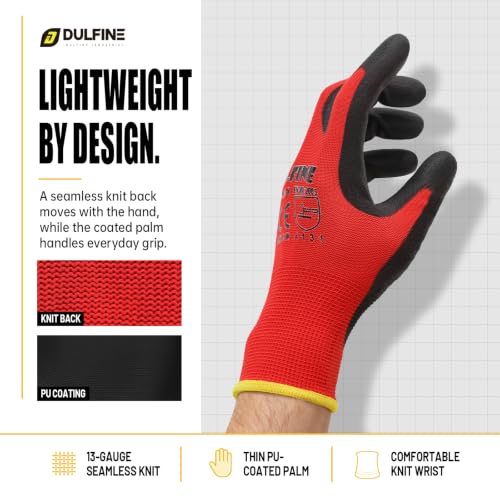 DULFINE Red Large Safety Work Gloves 12 Pairs PU Coated Breathable & Protective