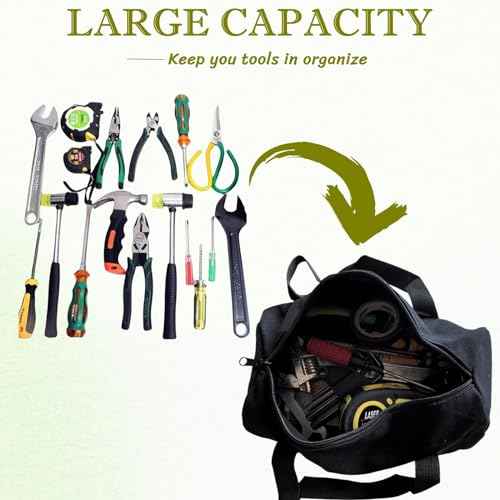 14 Inch Small Tool Bags for Men,Wide Mouth Zipper Tool Storage Bag,Large Capacity Canvas Tool Tote Bag,Portable Multi-Function Tool bag for Storage Wrenches,Screwdrivers,Repair Tools (Black)