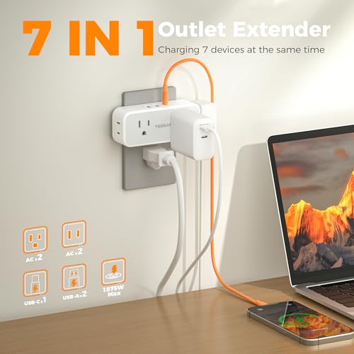 TESSAN Grey USB-C Wall Outlet Extender with 7 Outlets and Dual USB Ports