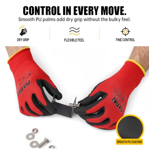 DULFINE Red Large Safety Work Gloves 12 Pairs PU Coated Breathable & Protective