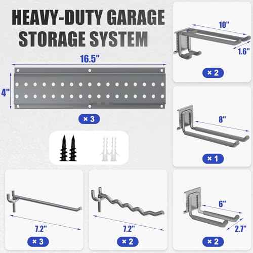 Garage Tool Organizer Wall Mount 48 inches with 10 Adjustable Heavy-Duty Hooks, Garage Organization, Garden Tool Storage Rack, Yard, and Shed, Holds Up to 400 lbs (Grey)