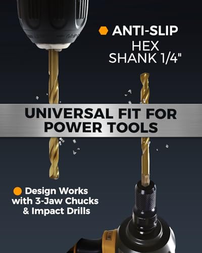 Gold COMOWARE Titanium Twist Drill Bit Set 16 Pcs 1/16-1/4 Hex Shank HSS