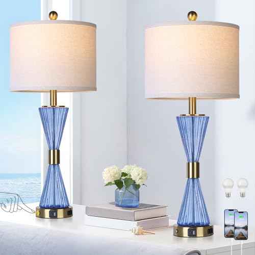 28" Blue Glass Table Lamp Set of 2 with USB C+A Ports and AC Outlet, 3 Way Touch Modern Bedside Lamps for Night Stands, Coastal Nightstand Lamps for Bedroom Living Room