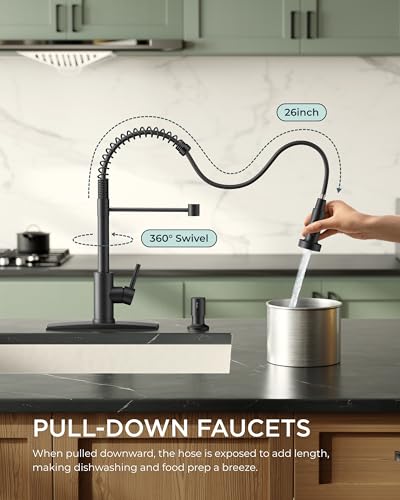 FORIOUS Matte Black Kitchen Sink Faucet with Pull Down Sprayer, High Arc, Easy Install