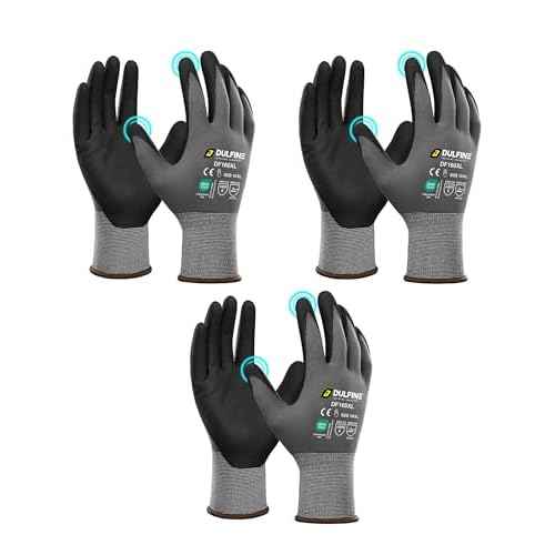 DULFINE Safety Work Gloves MicroFoam Nitrile Coated-3 Pairs Pack,Seamless Knit Nylon Glove with Black Micro-Foam Nitrile Grip,Ideal for General Purpose,Automotive,Home Improvement,Painting(Large)