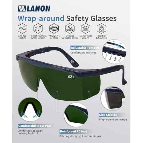 LANON Welding Safety Glasses,IR Filter Shade 5.0 Lens,Anti-Scratch & Anti-Impact,ANSI Z87.1 Double-sided Antifog,Wrap-Around Protective Safety Goggles,UV Protection