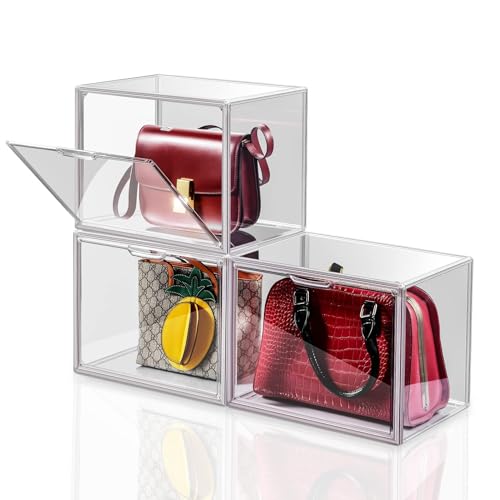 Purse Organizer for Closet, Purse Storage Organizer for Handbag Organizer, Clear Acrylic Display Case with Magnetic Door, Plastic Storage Bins for Book, Collectibles, Cosmetic (3 Pack)