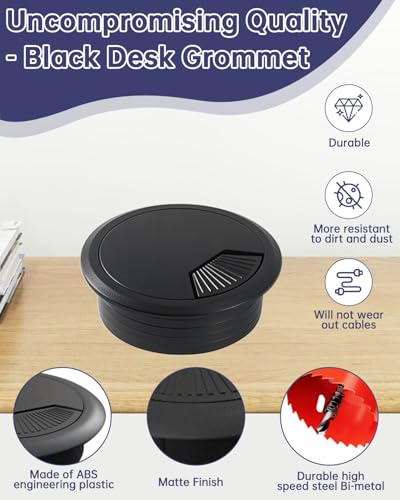 GA1FSL 2 Inch Black Desk Grommet with Hole Saw - Cable Management Kit